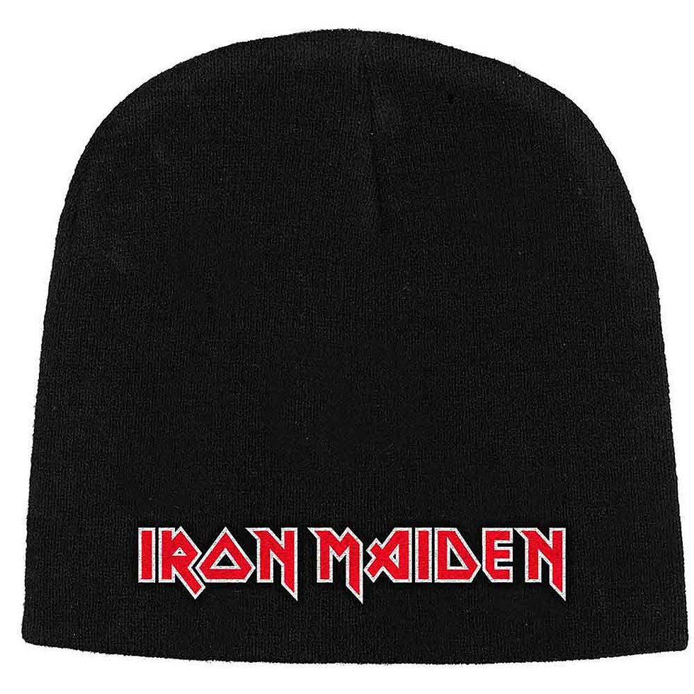 Thumbnail: Black Iron Maiden Beanie with Red Text. A band's logo on headwear.