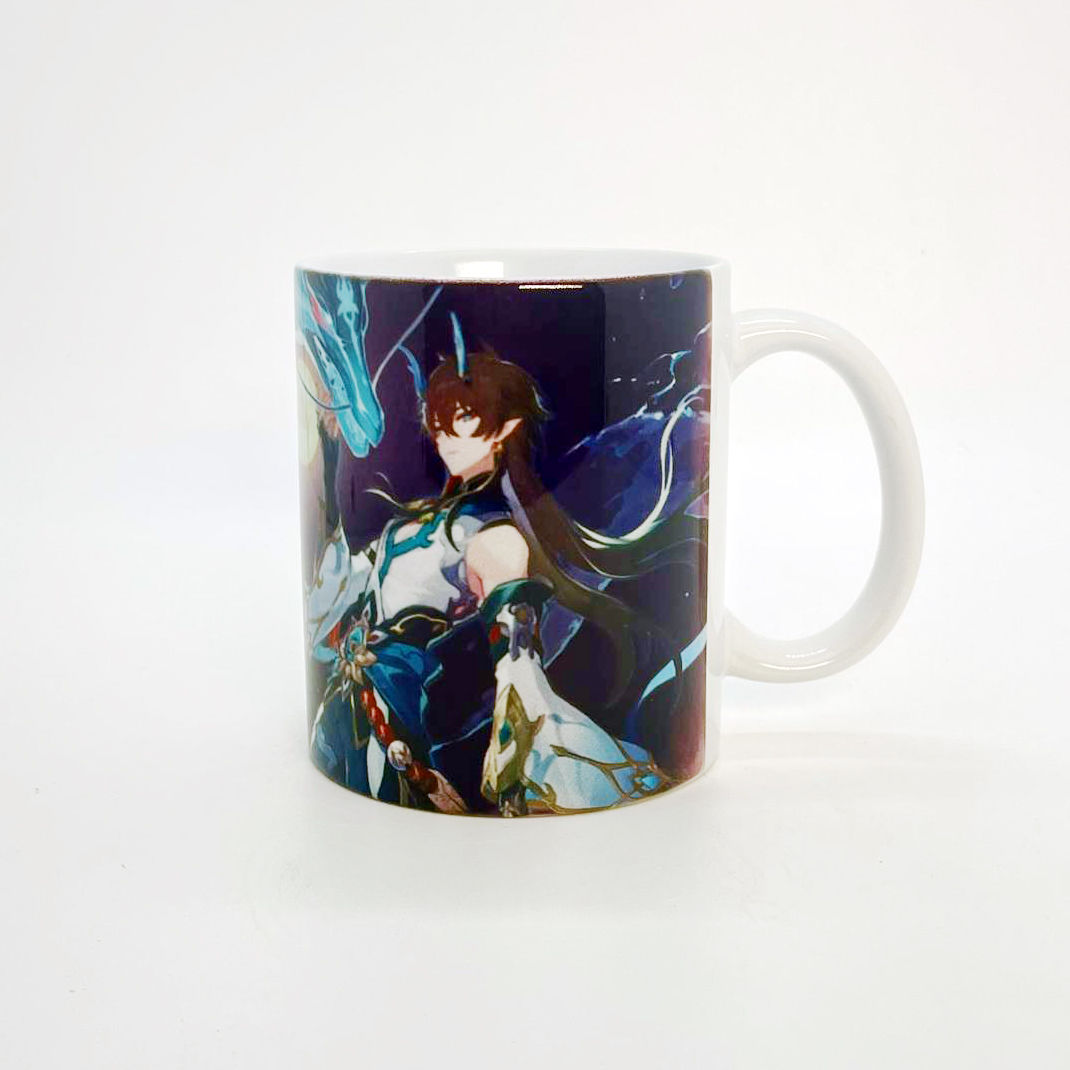 White coffee mug with a Genshin Impact character design on it.