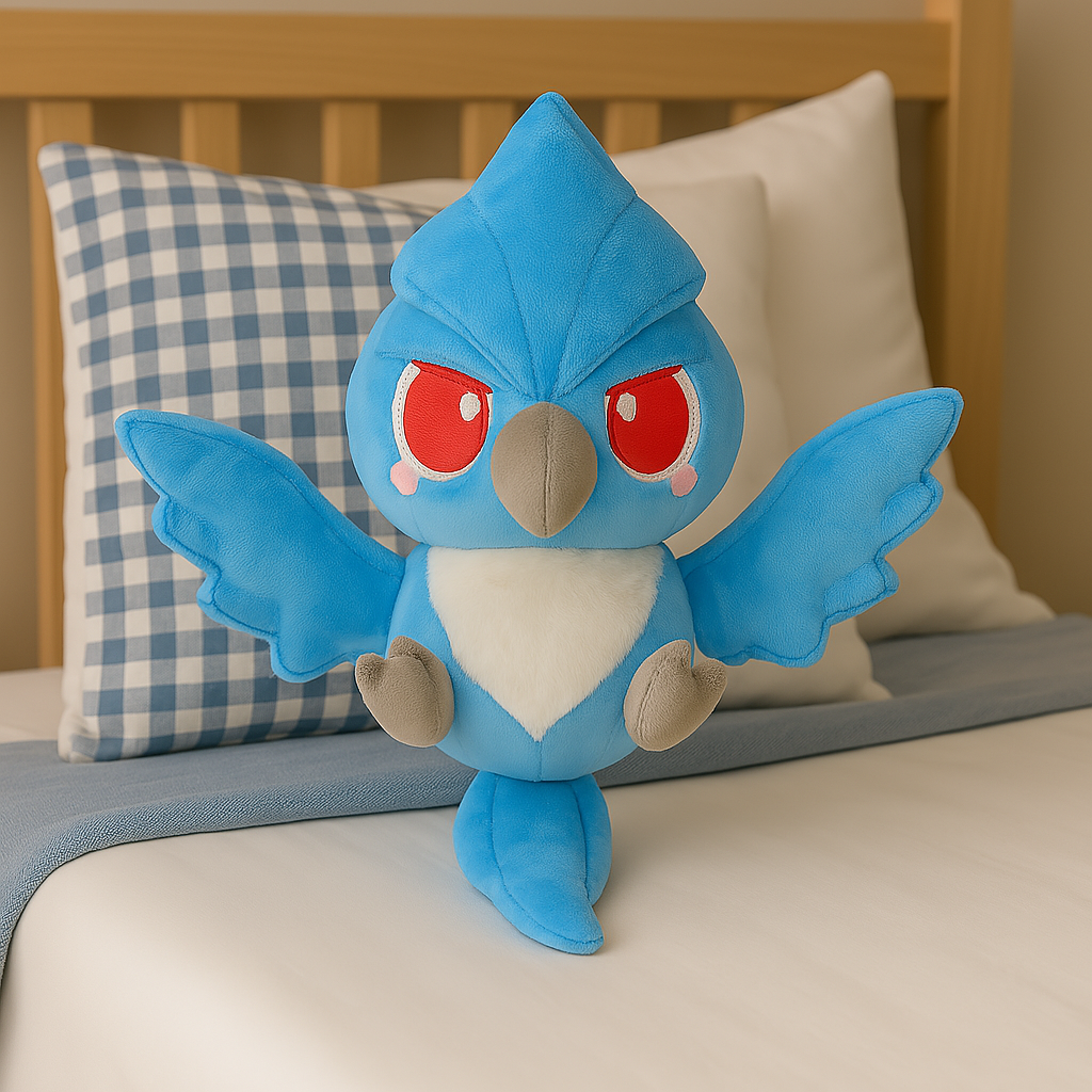Plush blue bird toy with red eyes and wings spread on bed