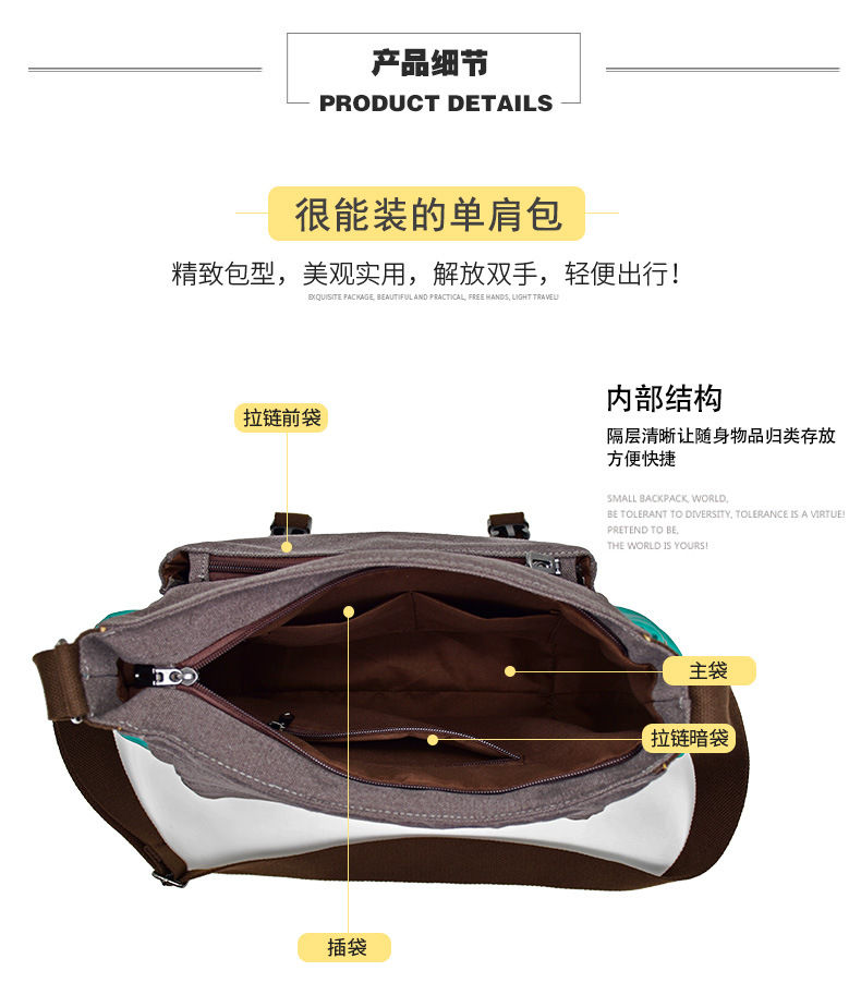 Thumbnail: Open brown purse showing compartments and zipper with product details text inside.