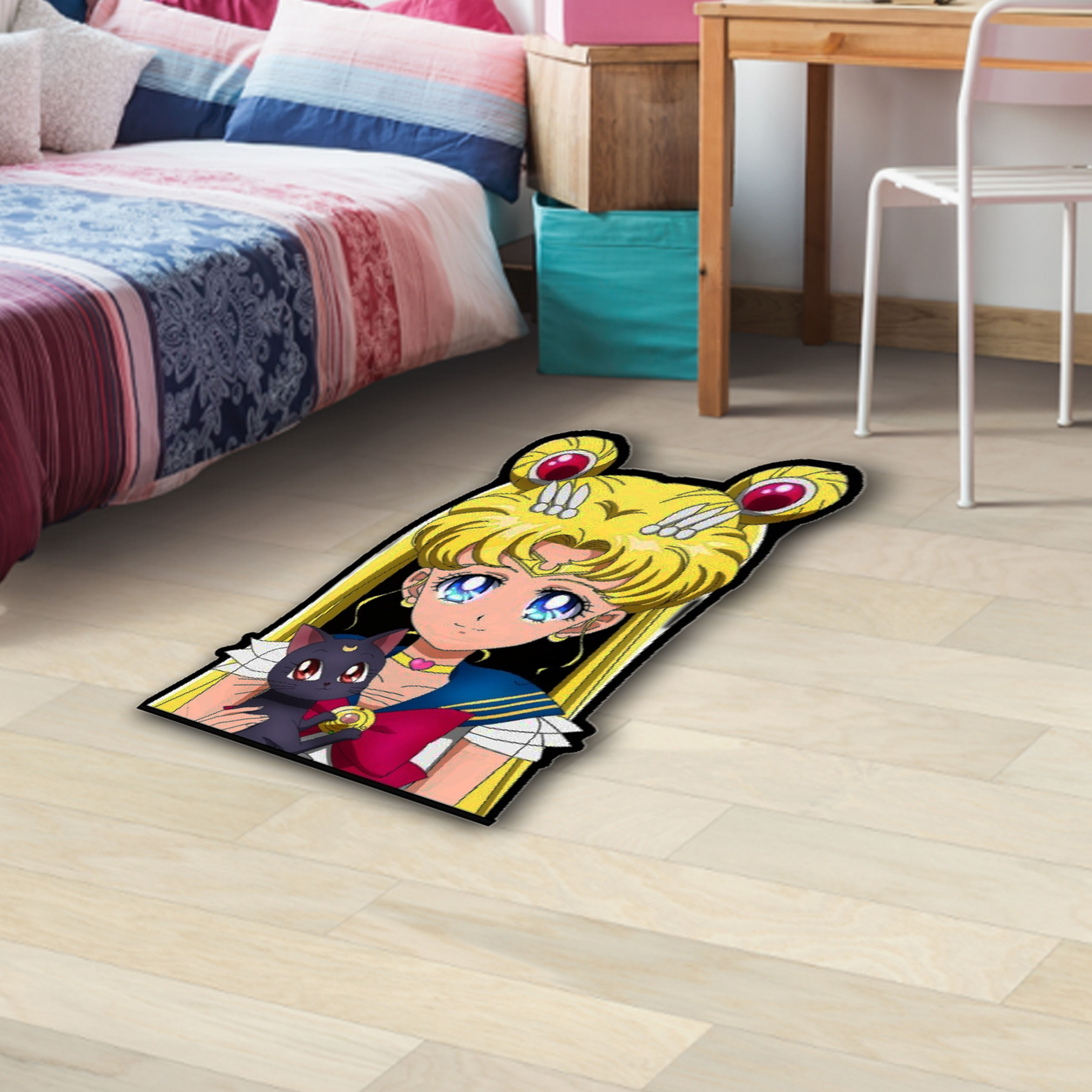 Sailor Moon rug on wooden floor with bed and desk visible in background