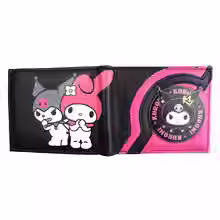 Thumbnail: Black wallet with My Melody and Kuromi, with a pink background.