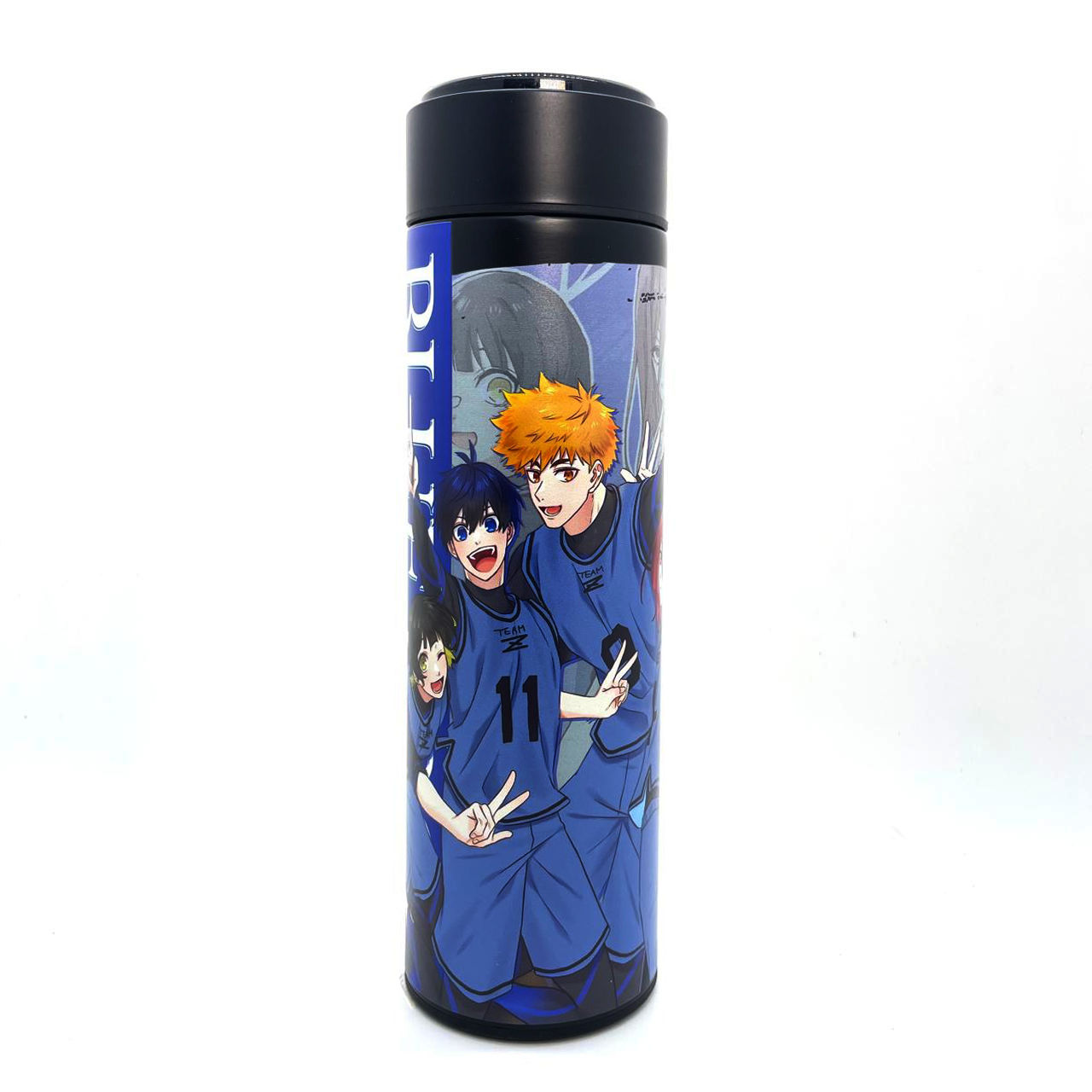 Blue Lock tumbler with characters and text on white background.