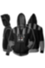 Darth Vader hoodie. Front, side, and back views of a black zip-up hoodie.