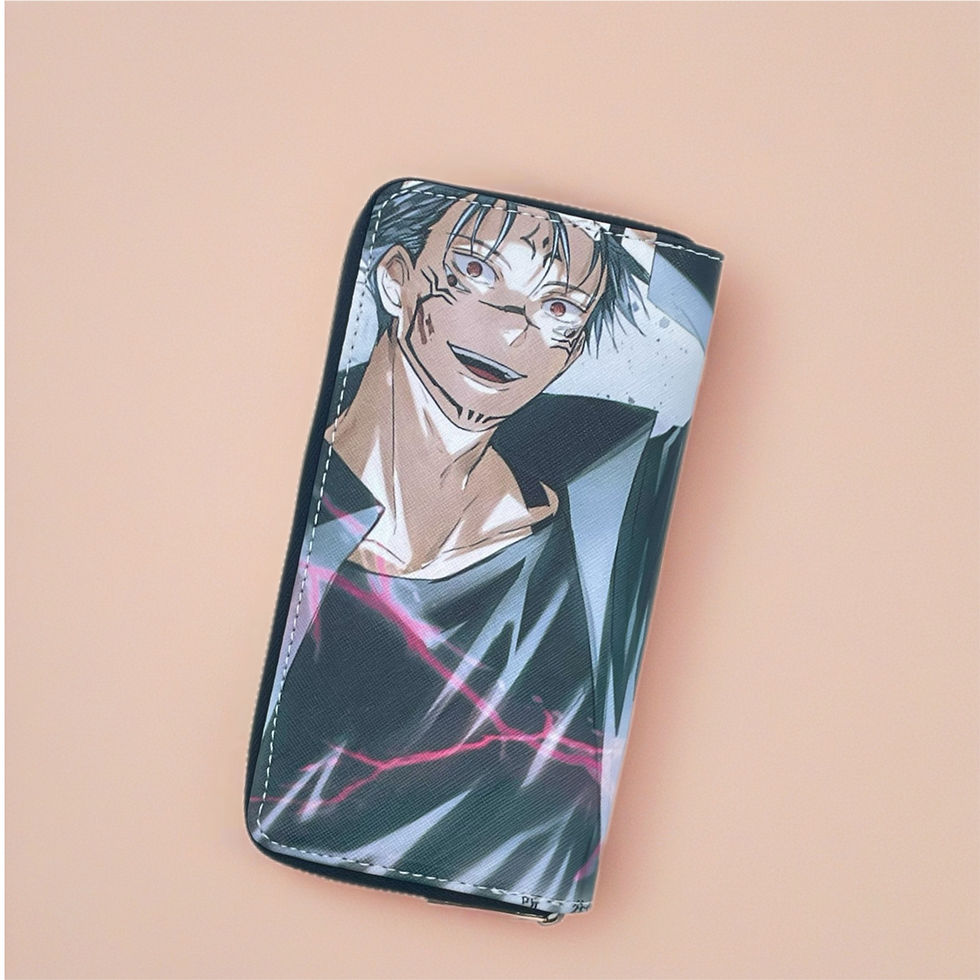 Anime character printed on long zip wallet, black and gray design background.