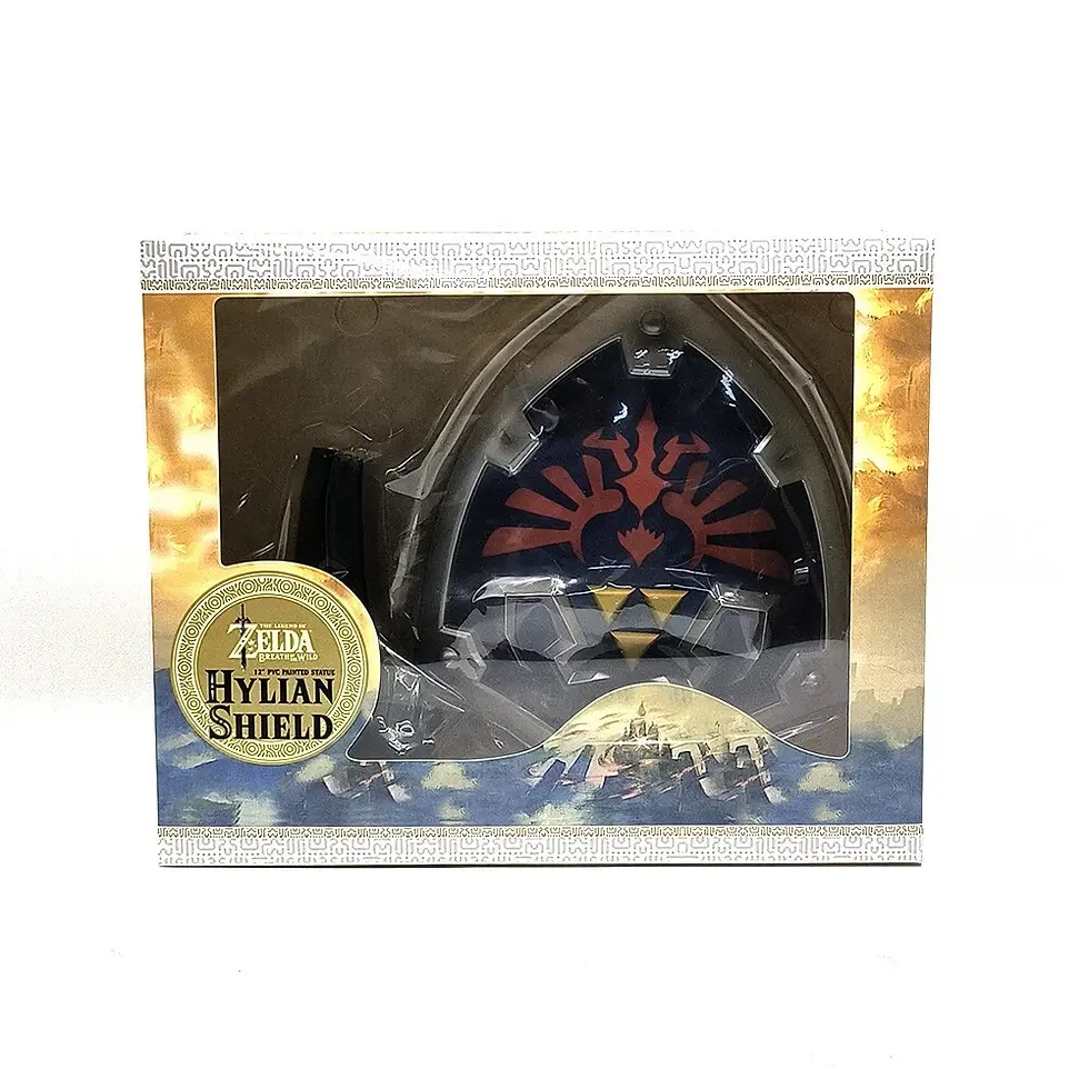 Thumbnail: Hylian Shield in box, gold emblem reads 'Hylian Shield', colorful design, white background.