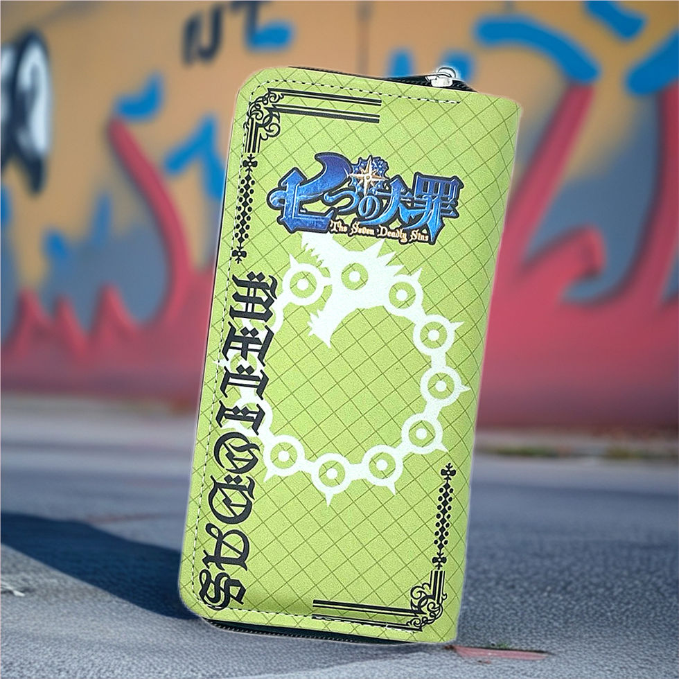 Green wallet with The Seven Deadly Sins logo and text on concrete.