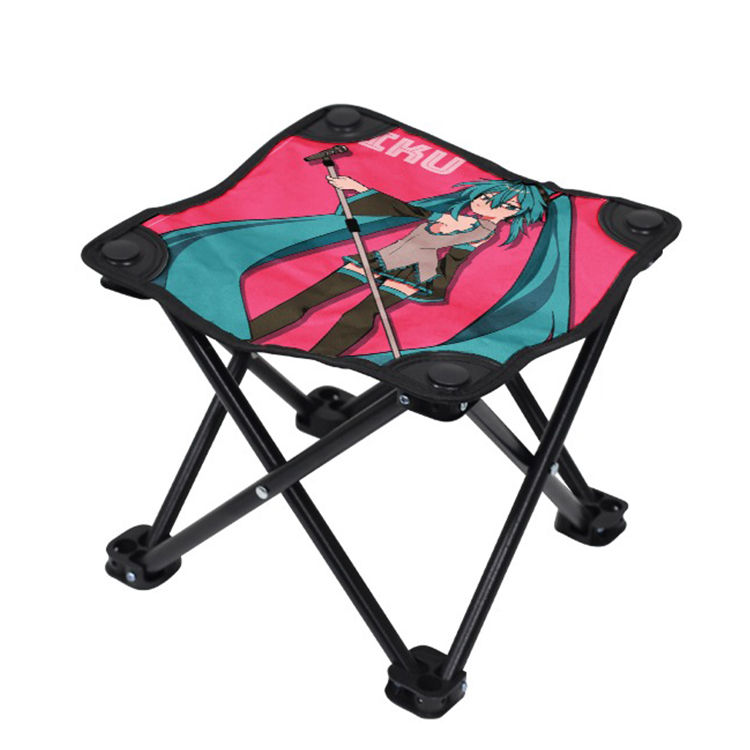 Folding stool featuring Hatsune Miku design with the word Miku printed.