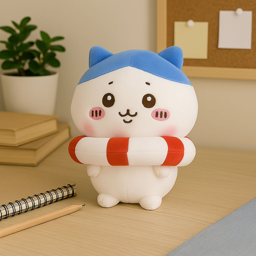 Cute plush toy wearing a life preserver with a gentle smile on desk.