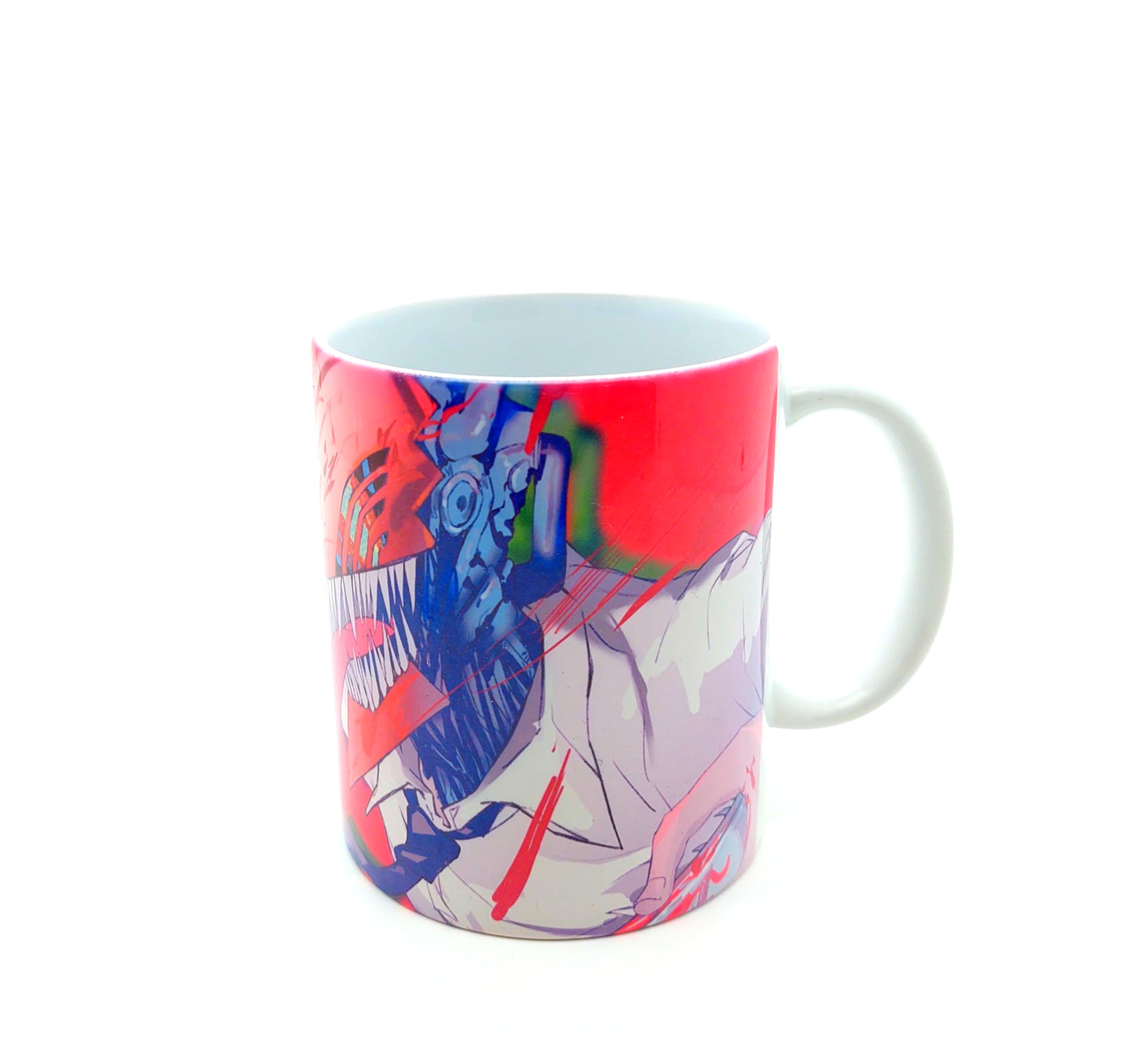 Colorful art coffee mug display, with Rebel Yell Online logo and design.