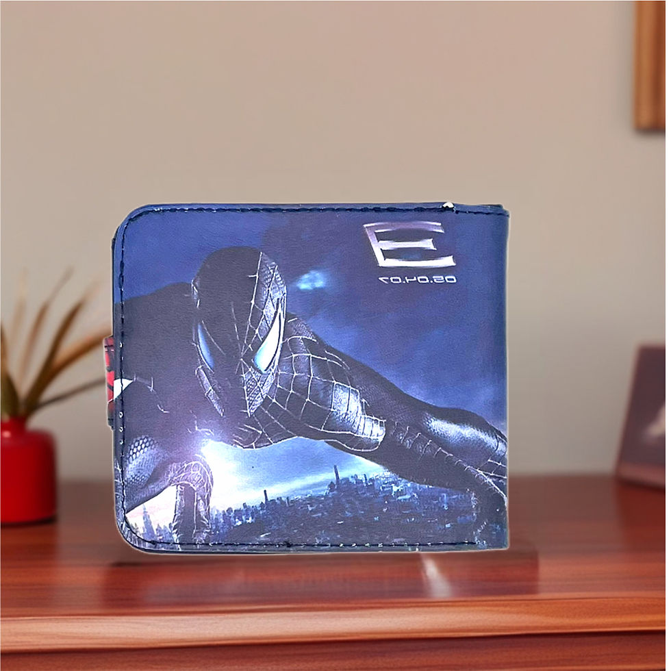 Spider-Man wallet on a table featuring the letter E and the background.