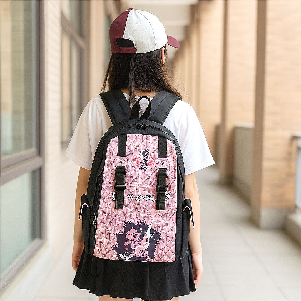 Young girl walks away wearing a backpack with pink flowers, black skirt, and hat