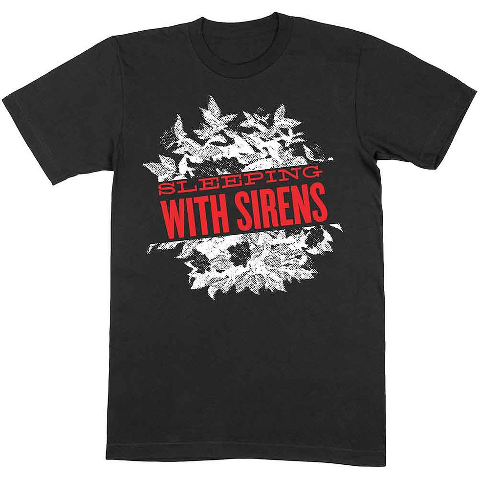 Black t-shirt with floral design and Sleeping With Sirens text. Rebel Yell Online.