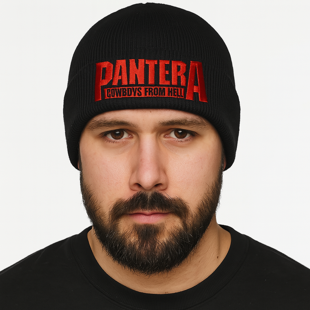 Man wearing black Pantera beanie, 