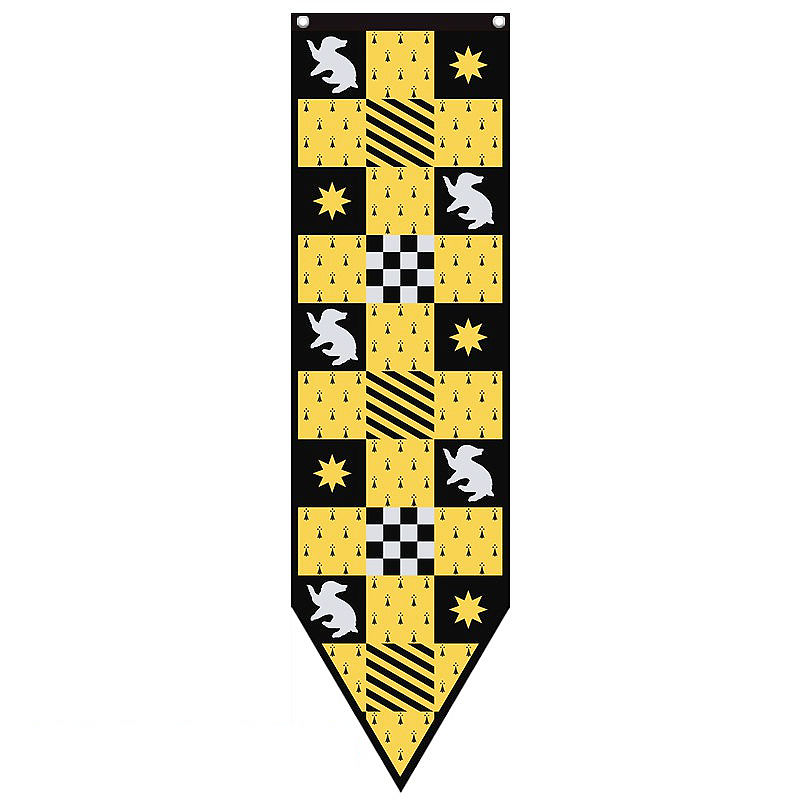 Yellow and black checkered banner with white icons and shapes, gold accents.