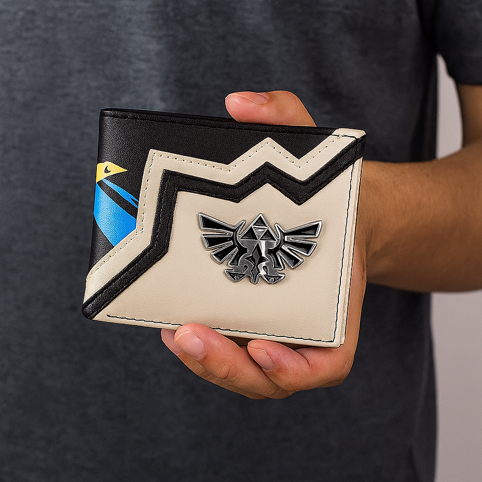 Person holding a black and cream colored Legend of Zelda wallet.