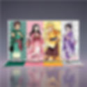 Anime characters posing with colorful background, Tanjiro, Nezuko, Zenitsu, and Shinobu