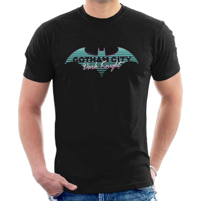 Man wearing black t-shirt with Gotham City logo and bat symbol design.