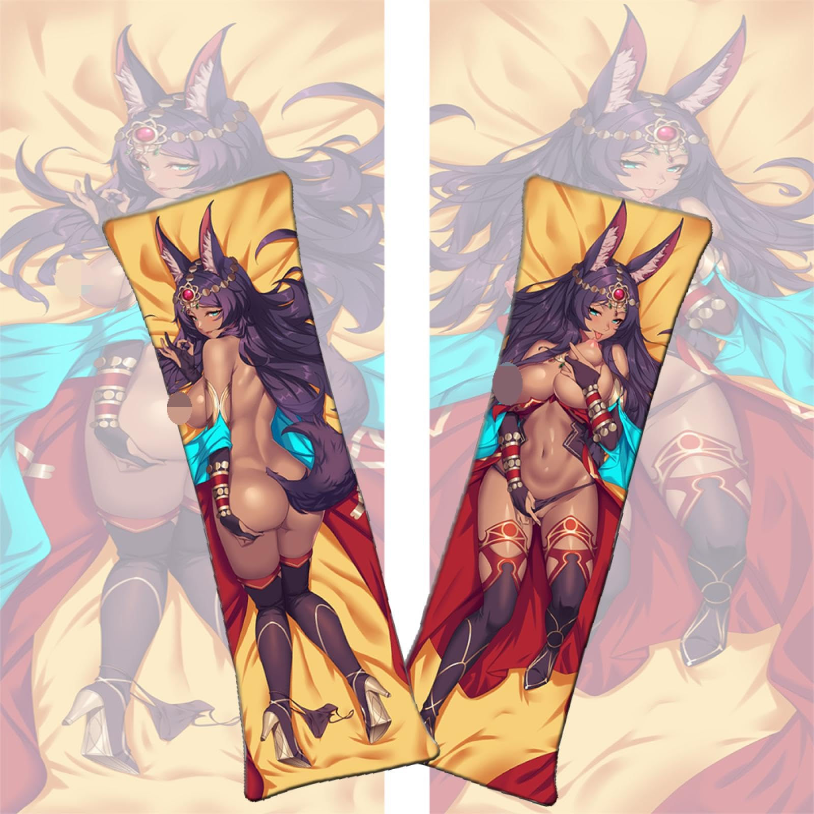 Two long pillows with anime character art, fox ears and long hair.