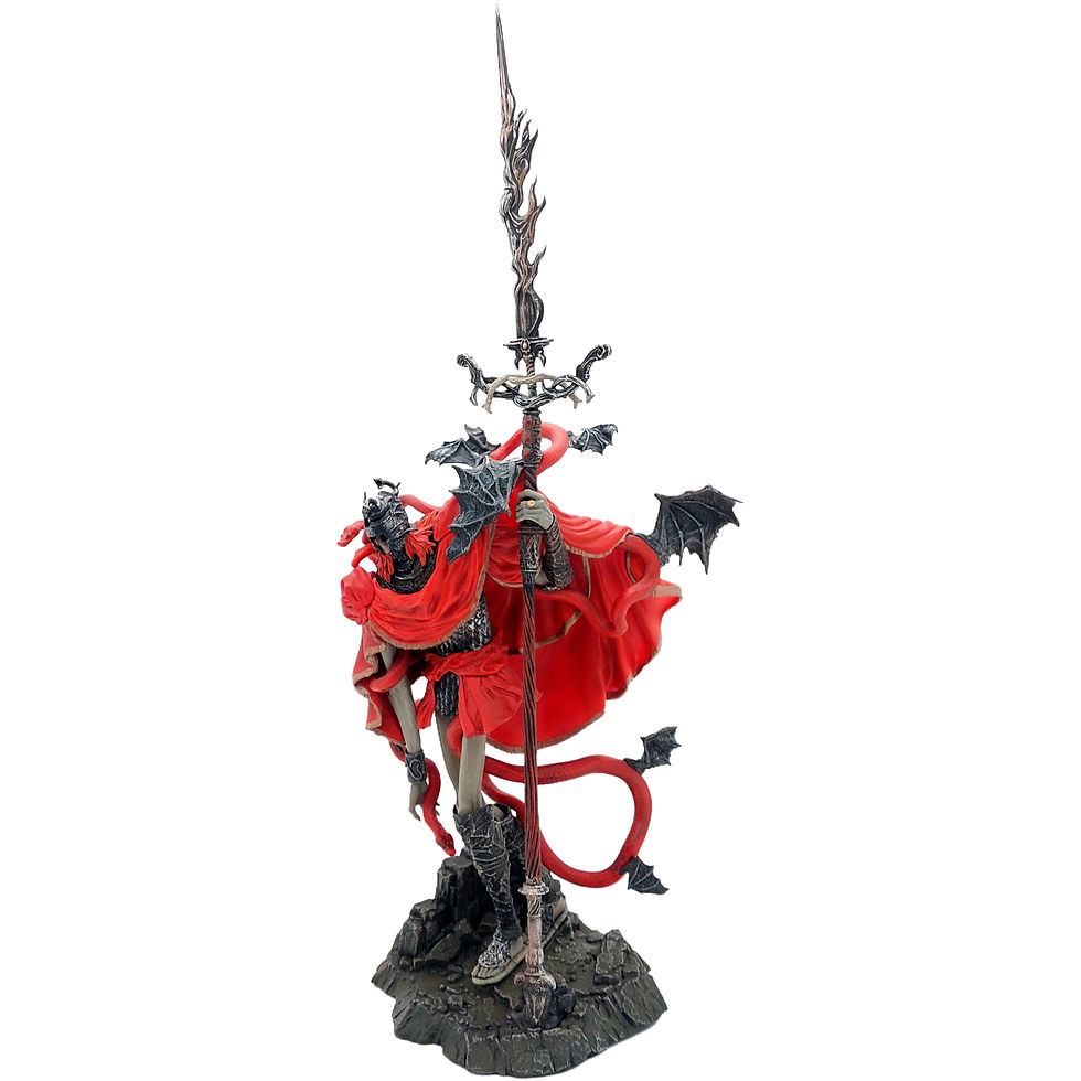 Thumbnail: Anime figure with red cape and long spear standing tall on display.