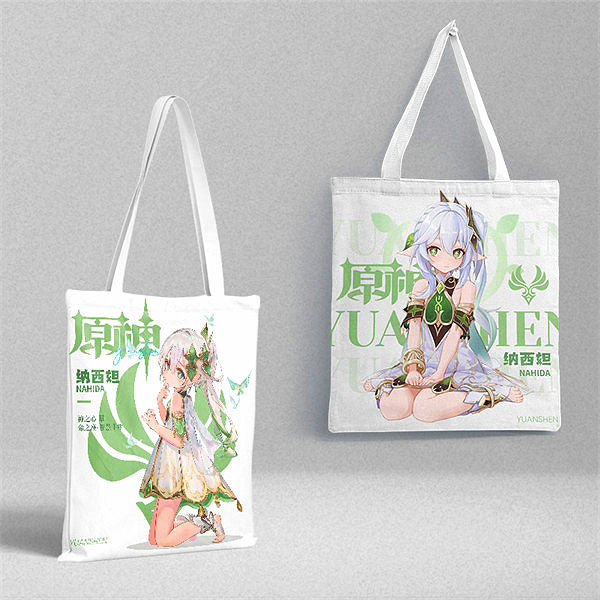 Two Genshin Impact tote bags showing Nahida in green with Chinese text.