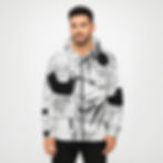 Man wearing white hoodie with manga design on white background, black details.