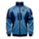 Blue jacket with number 11 on front, soccer ball patch and black trim.