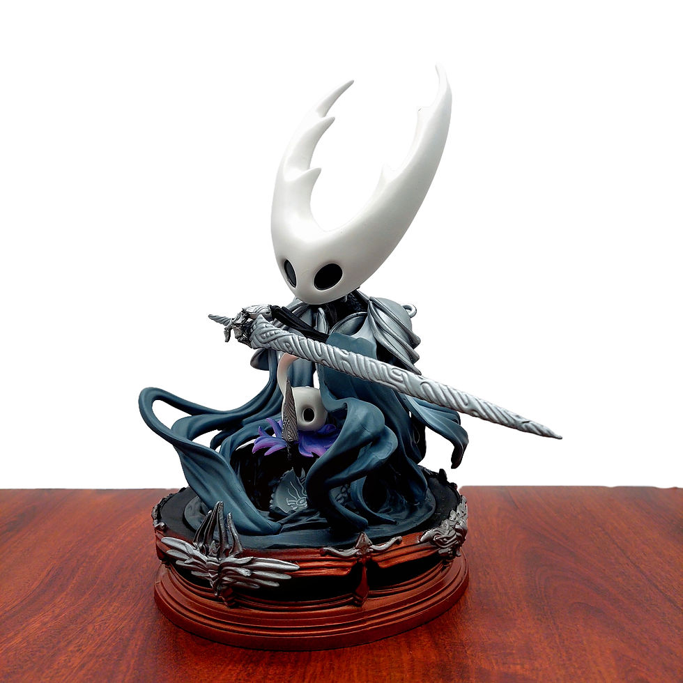 Thumbnail: Hollow Knight figure, detailed pose, with sword, dark blue cape, sitting on display base