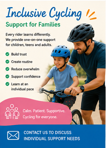 Family participating in a supportive and inclusive bike riding session.