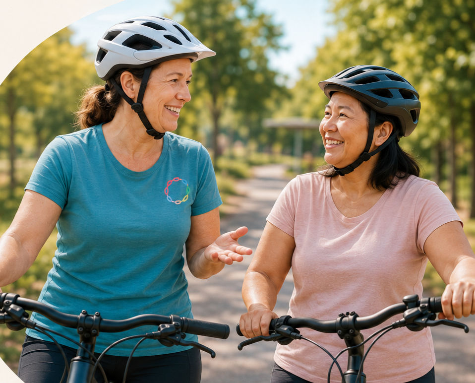 Two women smiling with bikes during a supportive cycling confidence session at Parramatta Bike Hub in Western Sydney.