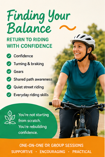 Adult rider building confidence cycling on local shared paths with instructor support.