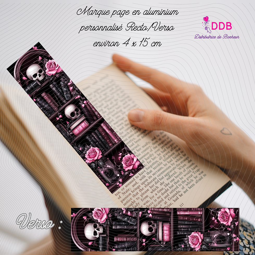Marque-page gothique crânes et roses personnalisé en aluminium recto verso – Bibliothèque noire & rose