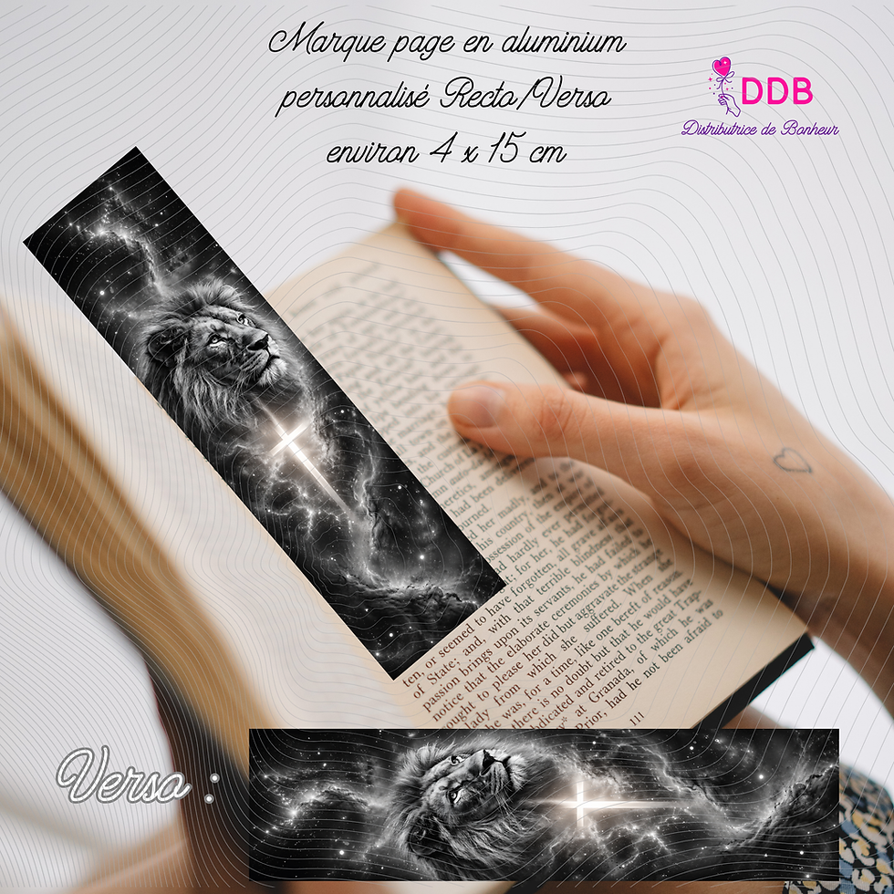 Marque-page lion et croix chrétienne personnalisé en aluminium recto verso