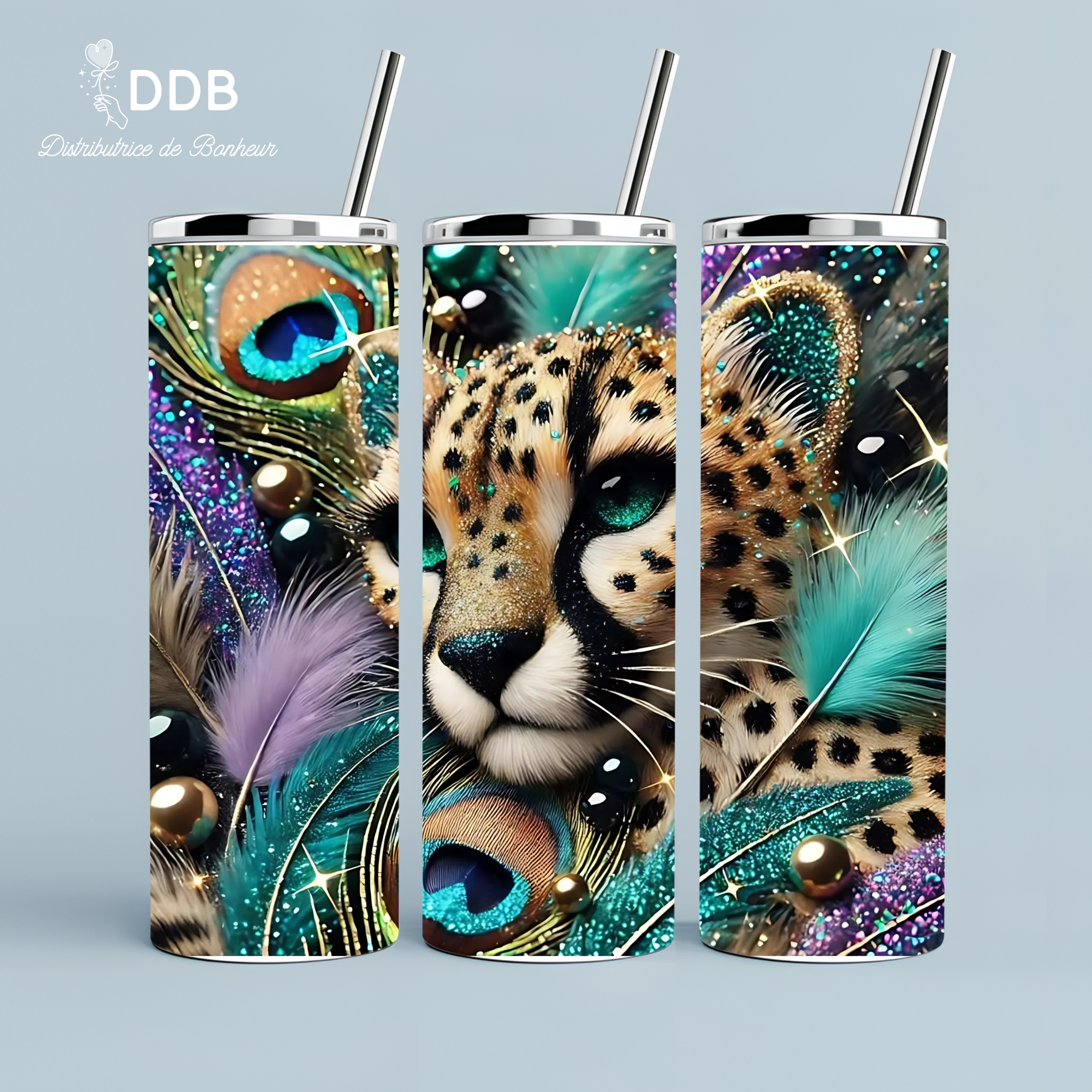 Gourde tumbler isotherme guépard plumes de paon Narbonne