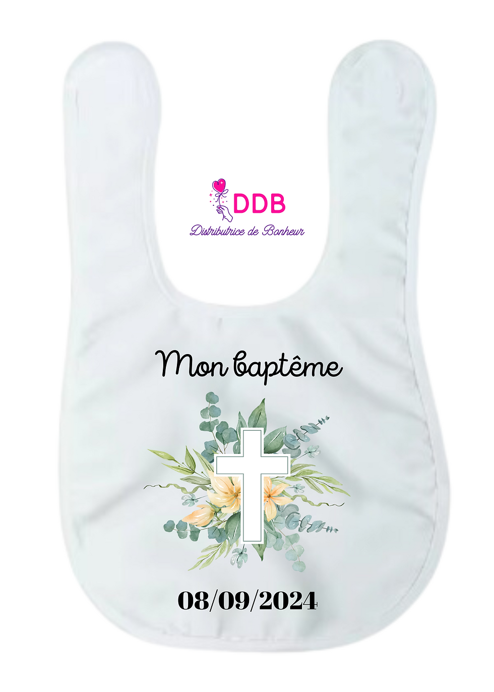 Bavoir bébé personnalisé prénom Mon baptême religieux croix eucalyptus