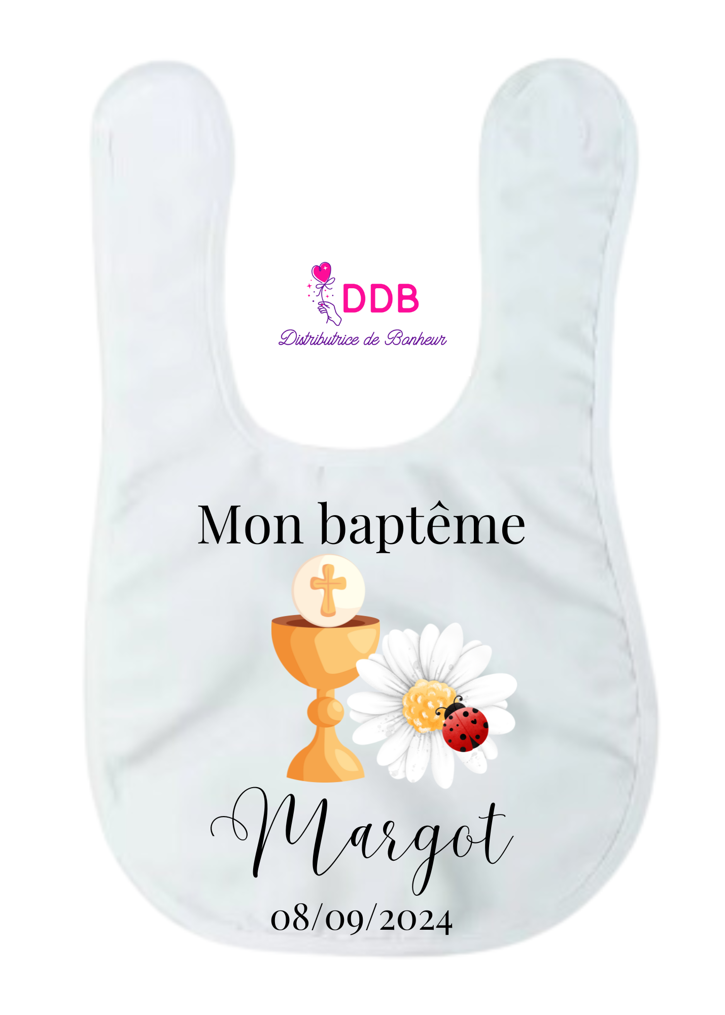 Bavoir bébé personnalisé prénom Mon baptême religieux marguerite coccinelle
