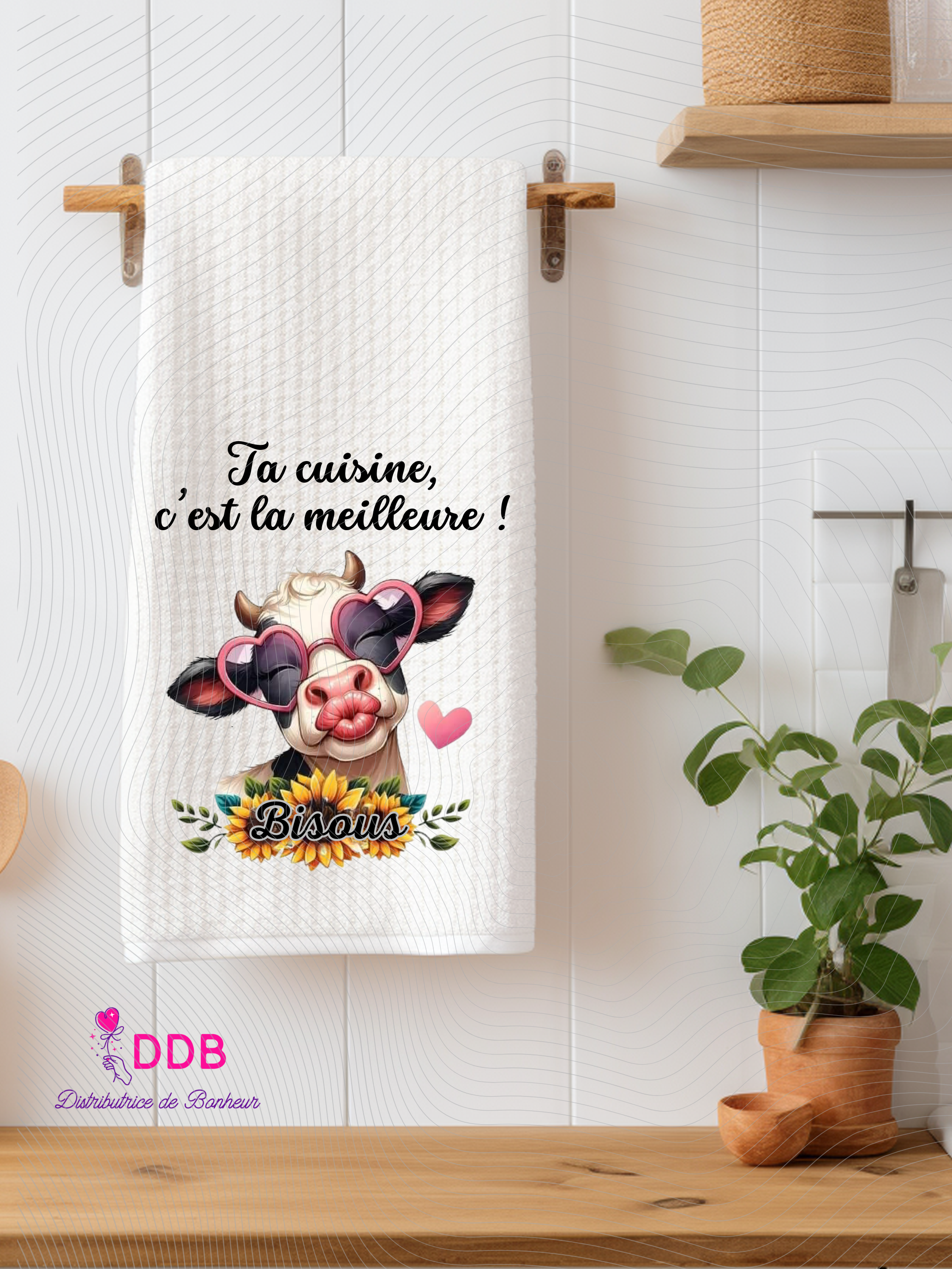torchon humoristique cuisine personnalisé "vache bisous"