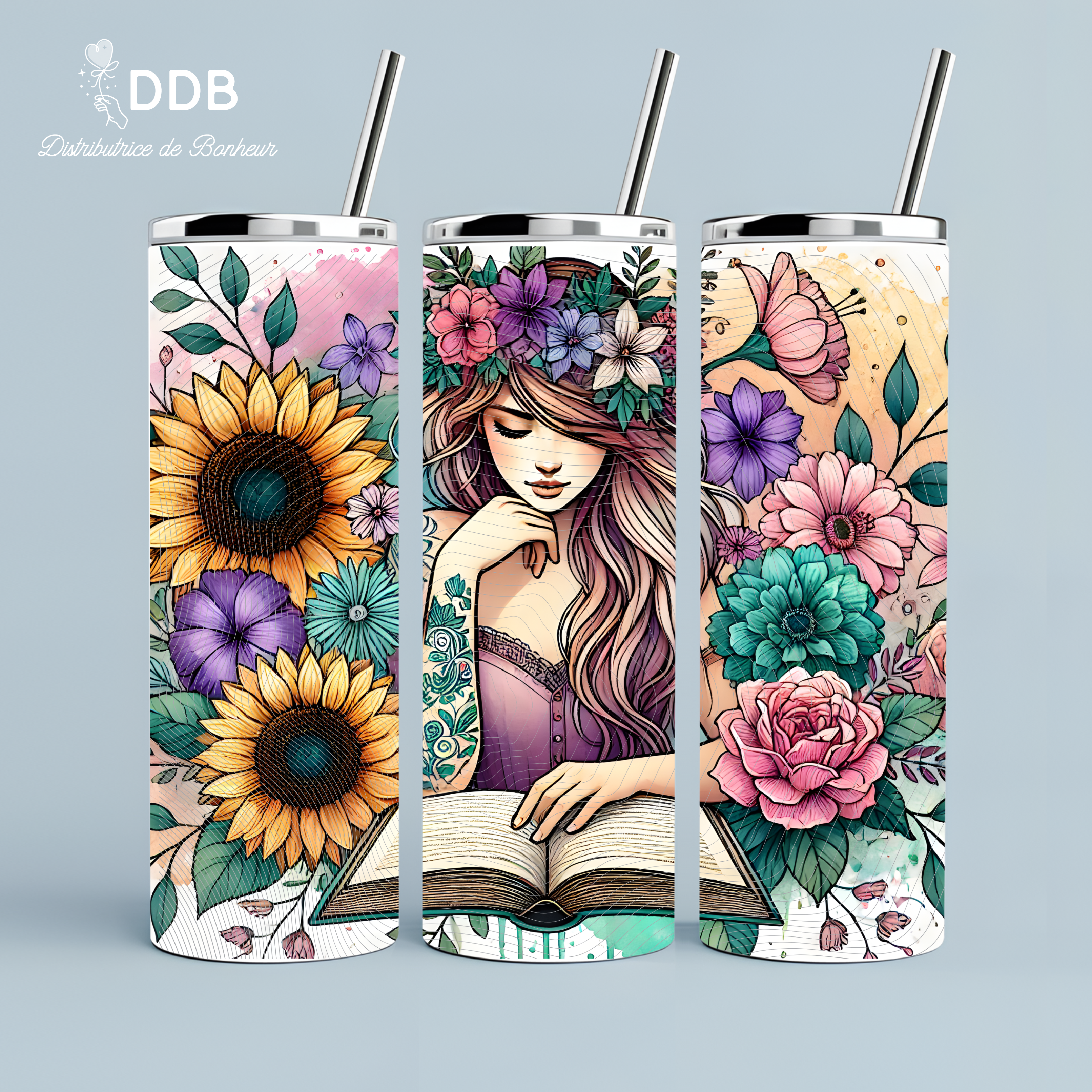 Gourde tumbler isotherme lecture fille fleurs tournesol Narbonne