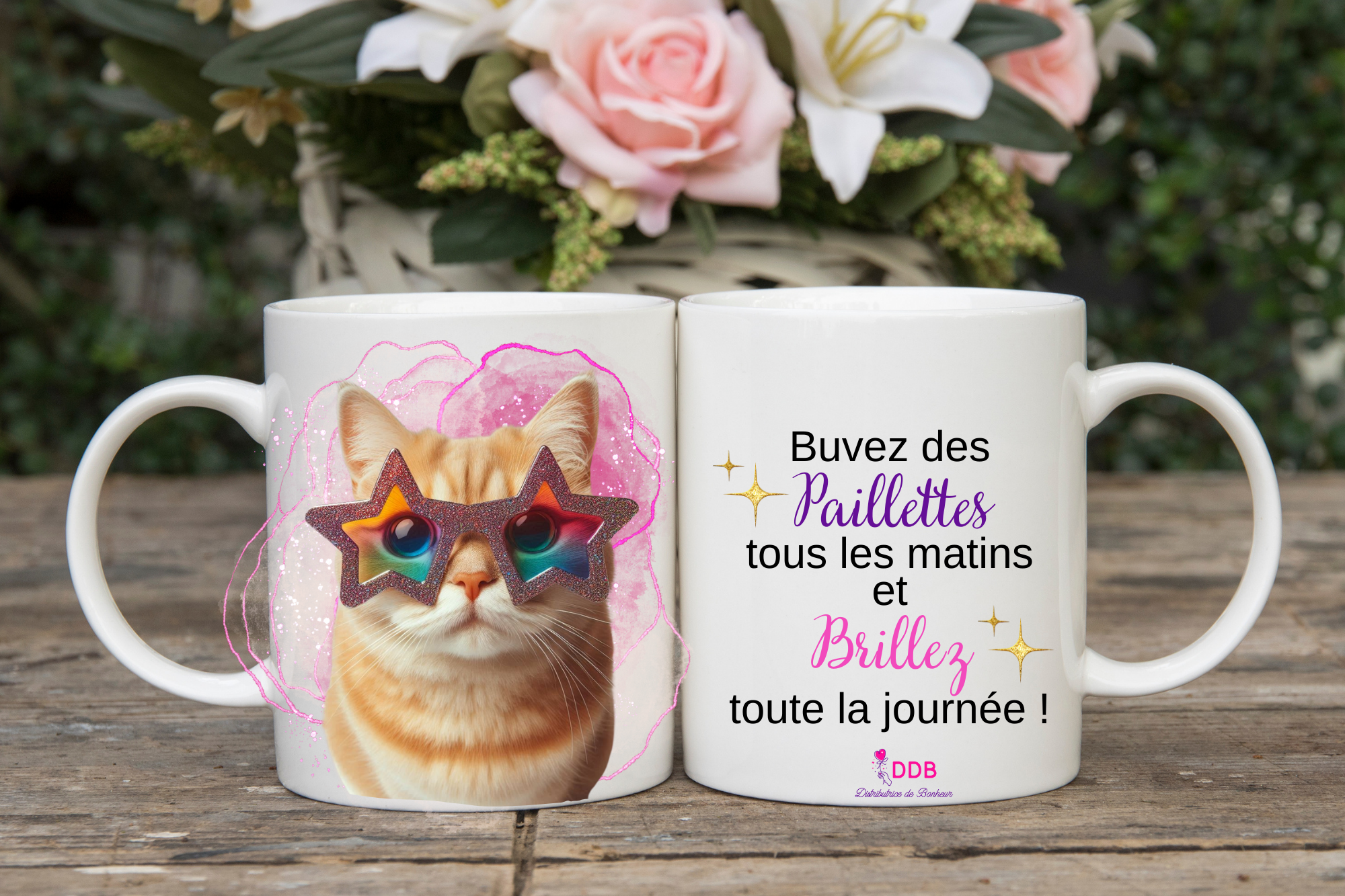 Mug en céramique personnalisé chat paillettes bonheur