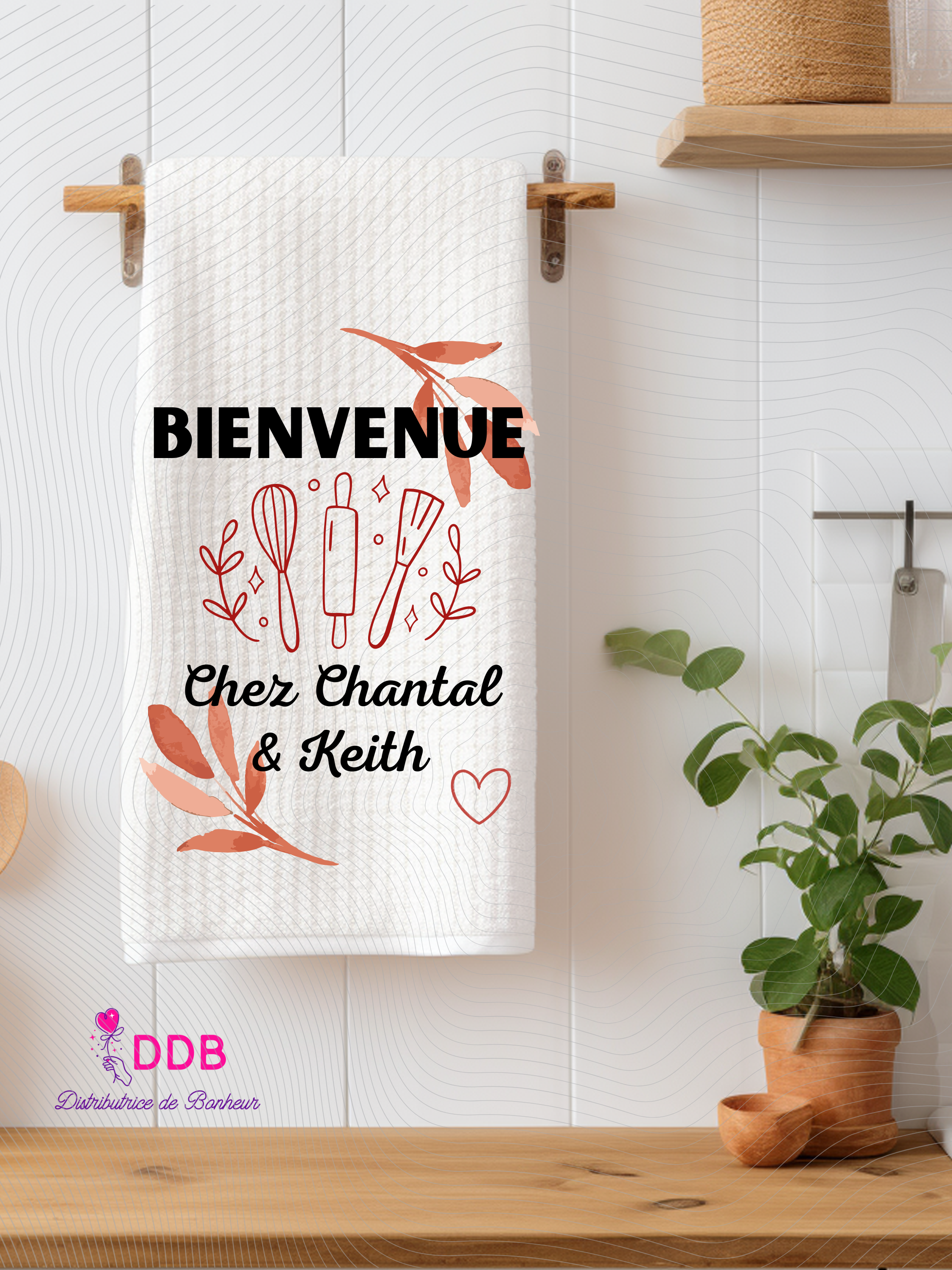 Torchon cuisine personnalisé "couple terracotta"