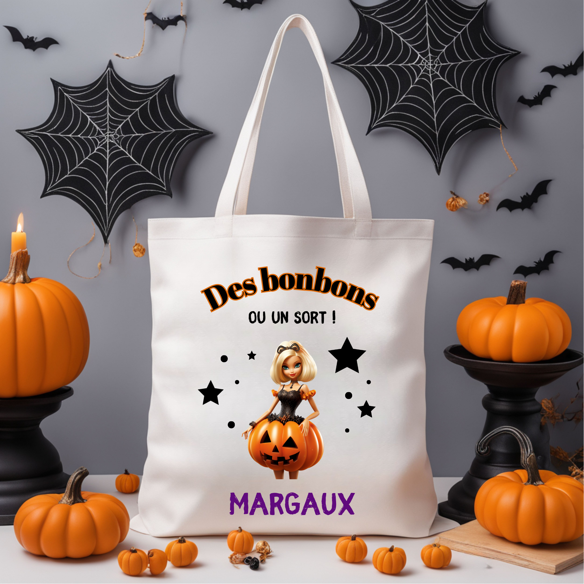 Tote bag halloween personnalisé prénom Poupée mannequin