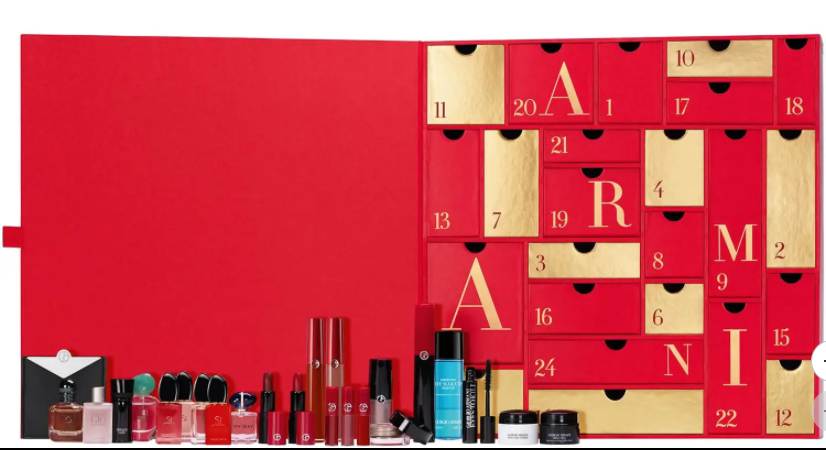 The traditionally coloured Armani advent calendar is red and gold with the products all featured in front of the box