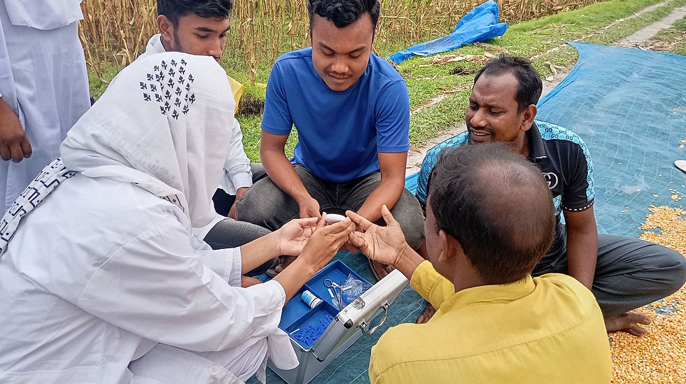 Farm-workers take a break from harvesting for a blood sugar check