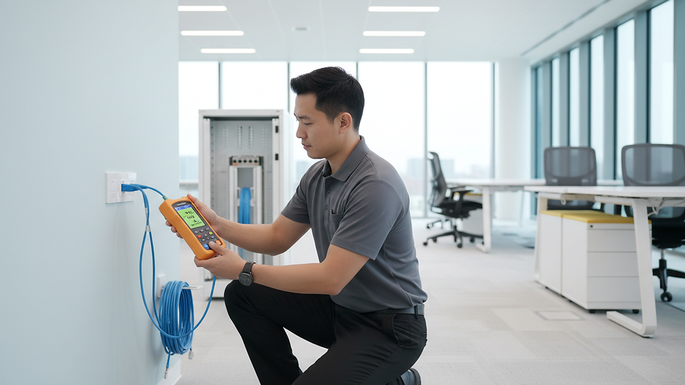 Eye-level view of a technician using a cable certification tool on a network cable