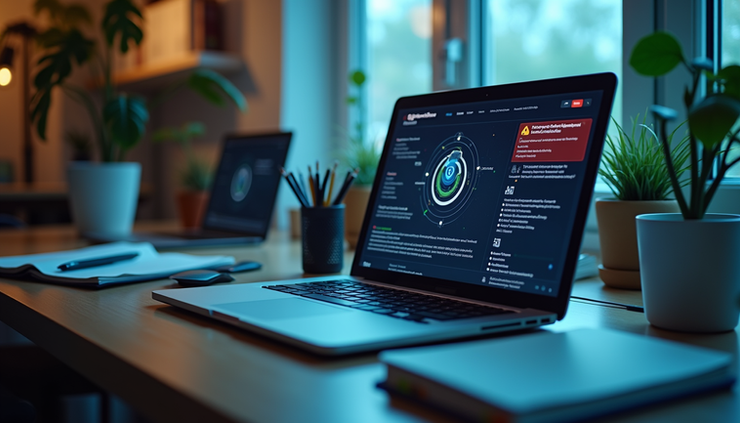 Eye-level view of a small office workspace with a laptop displaying AI security alerts