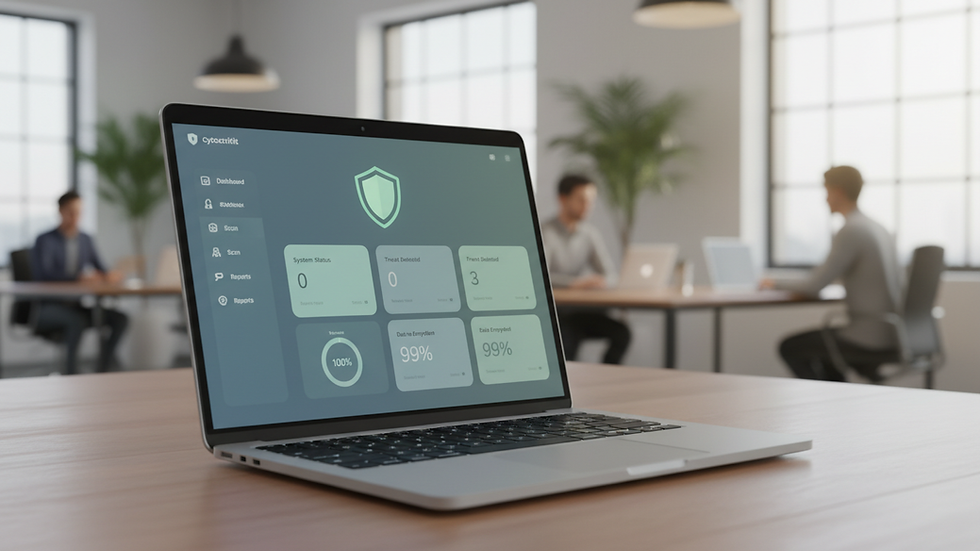 Close-up view of a laptop screen displaying cybersecurity software dashboard