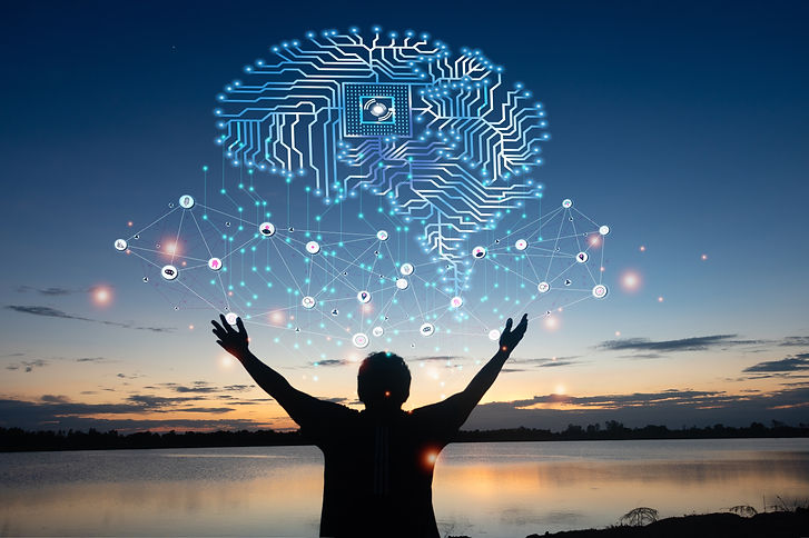 Silhouette young man standing with a line brain network technology for global.Digital data