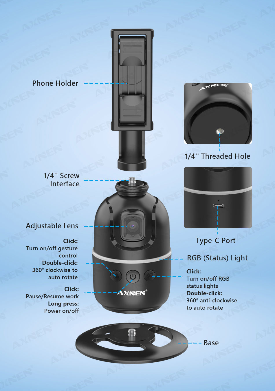 Thumbnail: AI Face Tracking Gimbal Mobile Phone Stabilizer, 360 Auto Rotate Selfie Stand fo