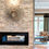 Thumbnail: An interior fireplace in the center of an open concept living room. Veneered with a scalloped shaped veneer panel