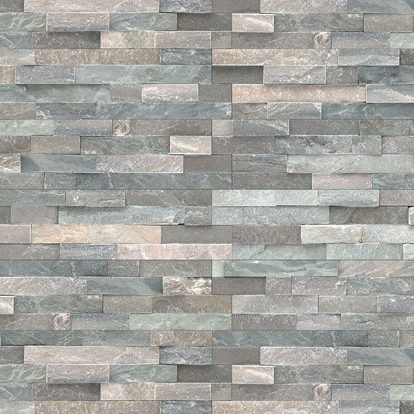 A close up color swatch of MSI Sierra Blue Stacked Stone Veneer Panels. It is a blend of blues, greens, and greys